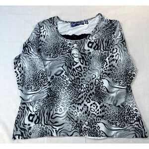 SUSAN GRAVER WOMEN'S SHIRT‎ MEDIUM BLACK CHEETAH PRINT WH3/4 SLEEVE TOP BLOUSE